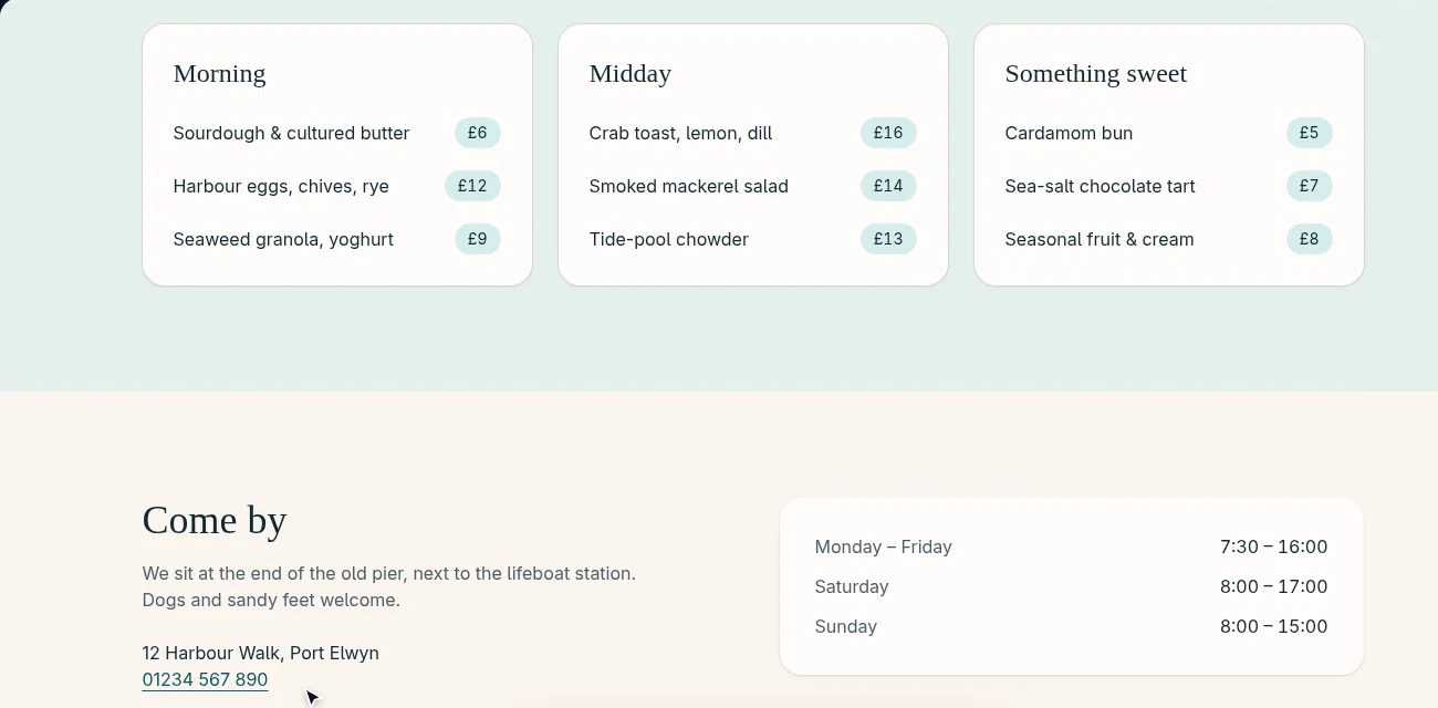 The café’s menu as three cards (Morning, Midday, Something sweet) with prices, above opening hours and the address.