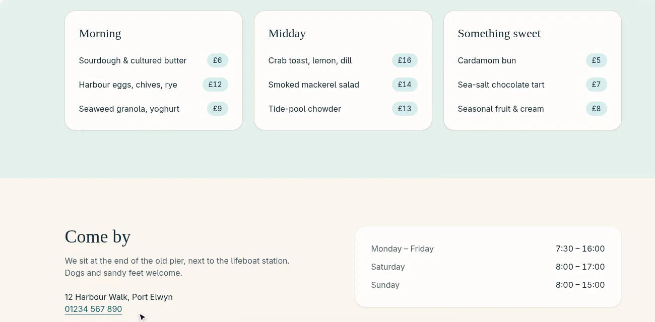 The café’s menu as three cards (Morning, Midday, Something sweet) with prices, above opening hours and the address.